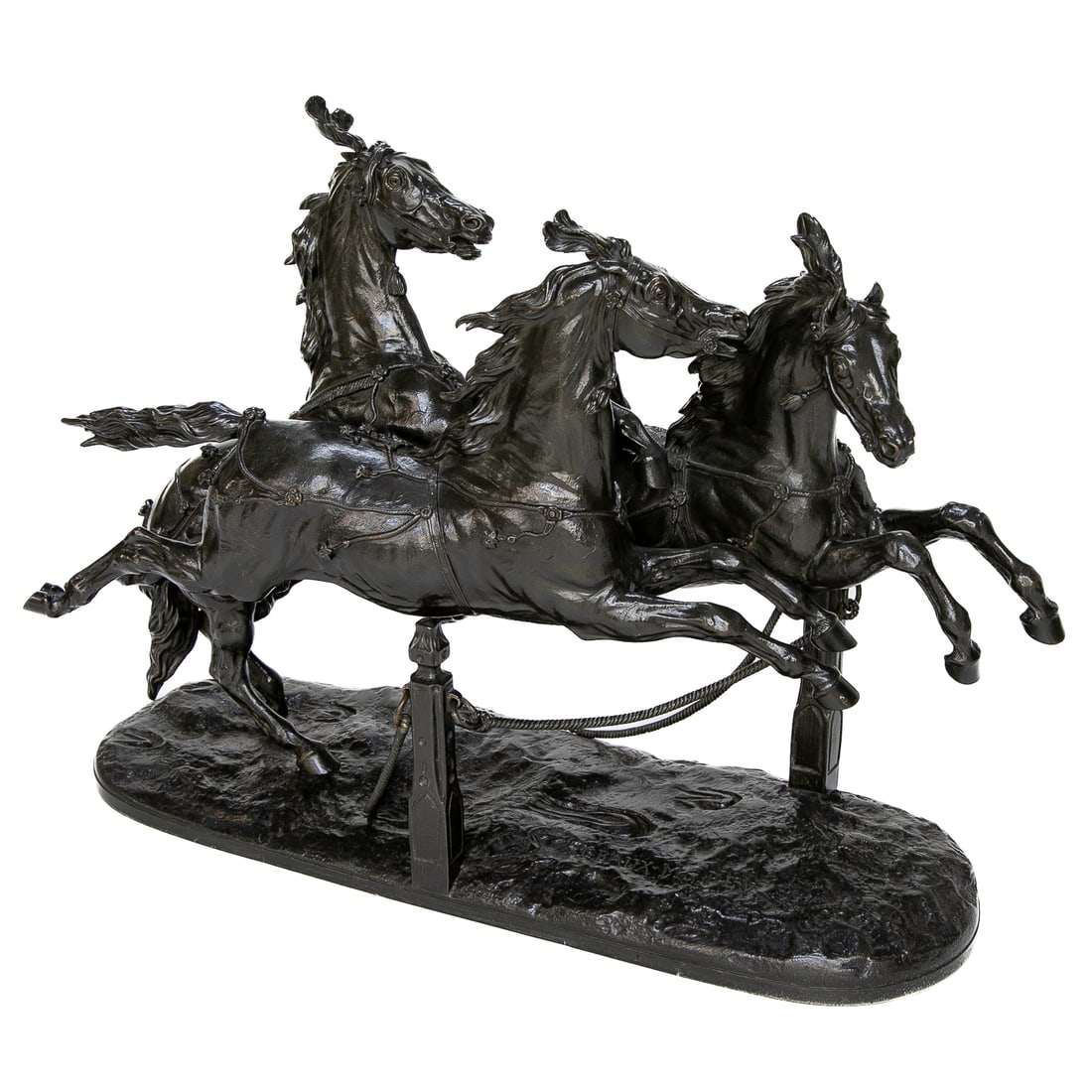 Late 19th/Early 20th C. Pierre Lenordez, French, Equestrian Bronze Sculpture From Graux M Foundry: Late 19th/Early 20th C. Pierre Lenordez, French, Equestrian Bronze Sculpture From Graux M Foundry, Depicting Three Harnessed Horses Racing, Horses Feature Plumes, Artist Signed Front Left, Foundry Mar