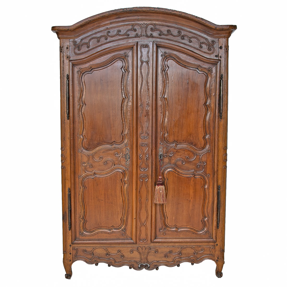 Early 19th C. French Walnut Provincial Style Armoire: Early 19th C. French Walnut Provincial Style Armoire, Having Dome Top Cornice, Carved Wave Design Top, Raised Panel Doors Featuring Scroll Carvings, Carved Center Support, Panel Sides, Carved and