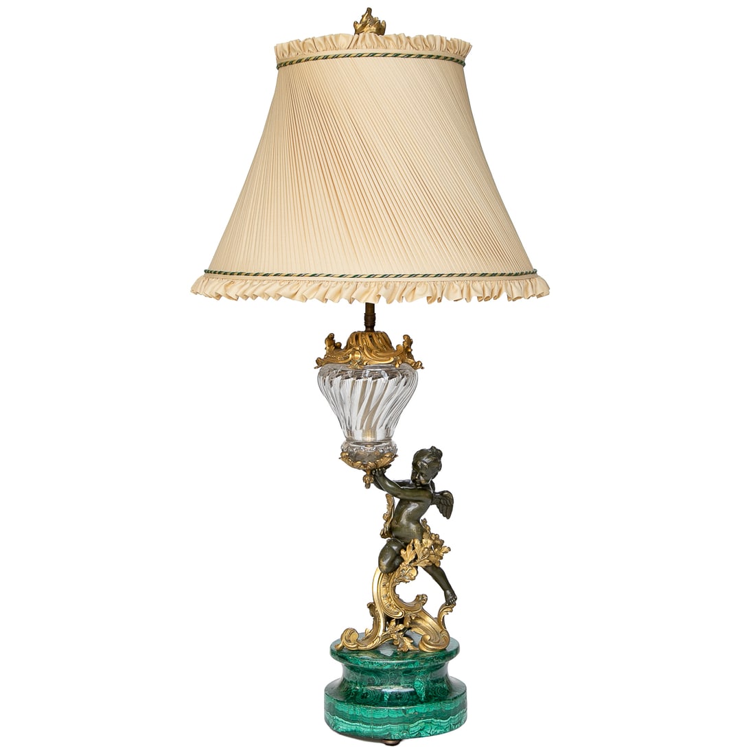 Late 19th C. French Bronze, Gilt Bronze, Crystal and Malachite Louis XV Style Table Lamp (1 of 8)