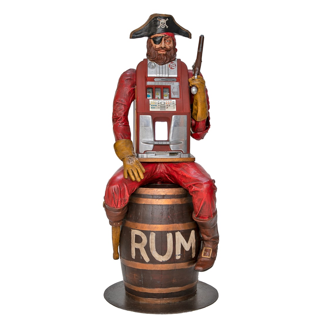 Mills Novelty Company, Chicago, Illinois, 1910, Pirate One Dollar Slot Machine: Unique Mills Novelty Company, Chicago, Illinois, 1910, Pirate One Dollar Slot Machine, Pirate Dressed in Red, Wearing Gloves, Left Hand Holding Pistol Which is Lever for Slot Machine, Body is