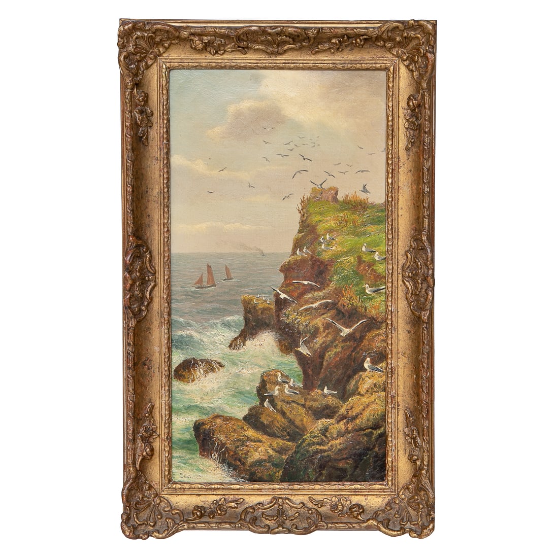 Antique Coastal Scene, Oil on Canvas: Antique Coastal Scene, Oil on Canvas, Depicting Cliff Covered with Birds, Crashing Waves and Sailboats in Background, Signed Lower Left, Housed in Gold Leaf Frame Featuring Shell Carved Corners and Ce