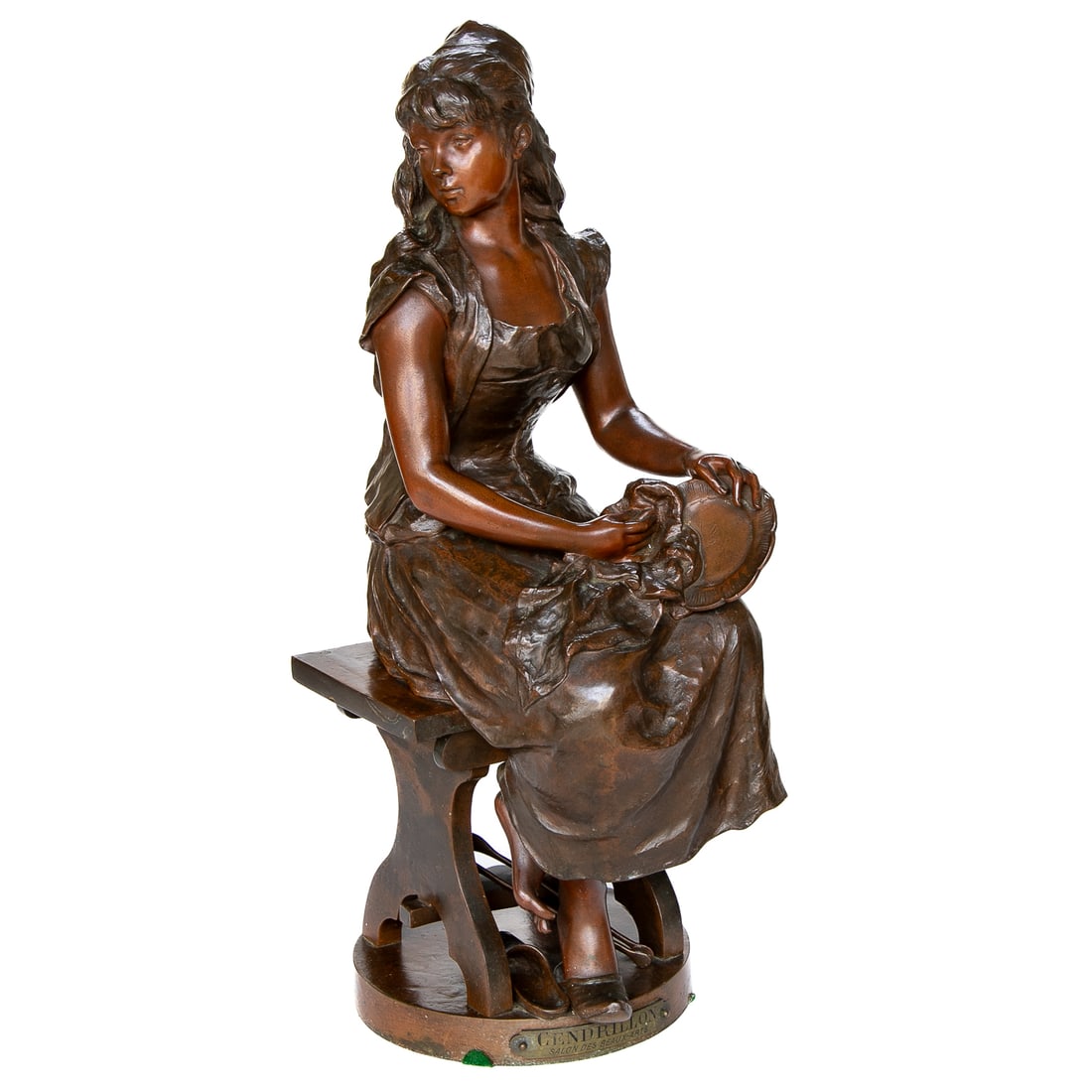 Late 19th C. Emmanuel Villanis Cendrillon Salon Des Beaux-Arts Bronze Sculpture: Late 19th C. Emmanuel Villanis Cendrillon Salon Des Beaux-Arts Bronze Sculpture, Depicting Young Girl Seated Wiping Dishes, Artist Plaque on Front, Signed Lower Right, Societe des Bronzes de Paris on
