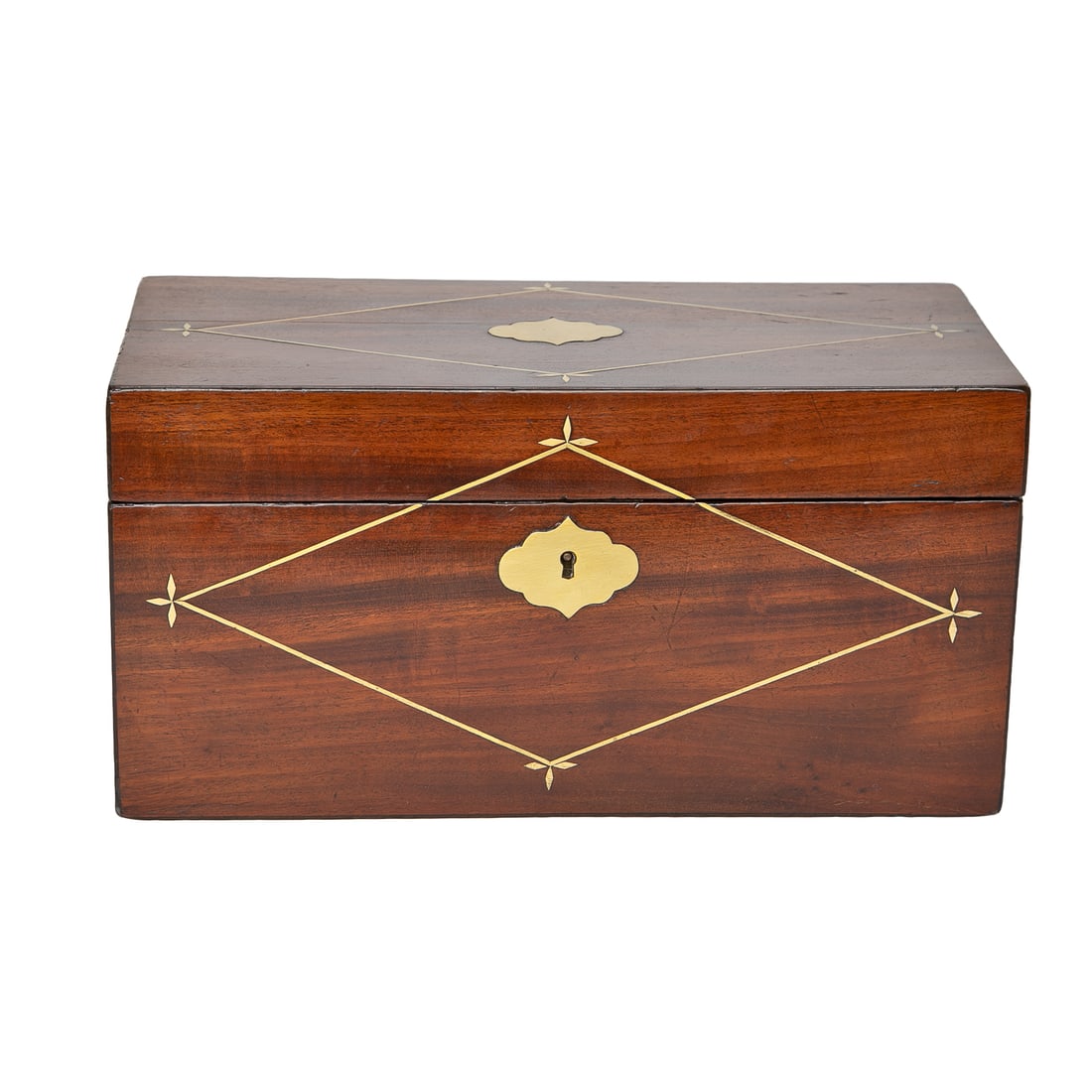 Late 19th C. English Mahogany Brass Inlaid Tea Caddy: Late 19th C. English Mahogany Brass Inlaid Tea Caddy, Having Shaped Vacant Brass Plaque, Brass String Inlay on Top and Front, Brass Shaped Escutcheon, Interior Reveals One Glass Waste Bowl, Flanked by