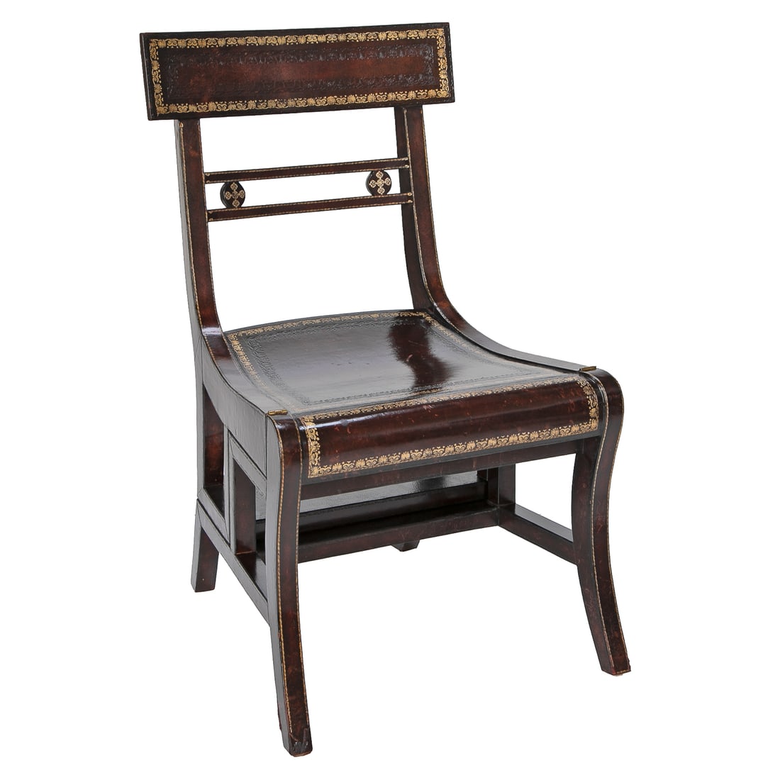 Vintage Maitland-Smith Leather Metamorphic Library Chair: Vintage Maitland-Smith Leather Metamorphic Library Chair, Discontinued, Having Merlot Color Gold and Blind Tooled Body, Library Chair Converts Into Library Ladder Featuring Four Steps, Resting on Squa