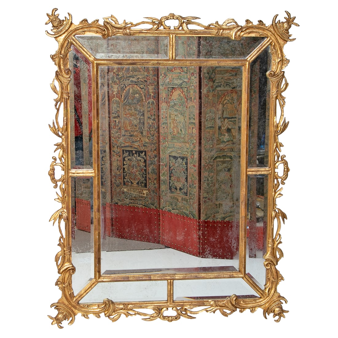 Vintage Friedman Brothers Decorative Arts Carved Gilt Wood Wall Mirror: Vintage Friedman Brothers Decorative Arts Carved Gilt Wood Wall Mirror, Having Pierced Carved Sides Featuring Leaf and Vine Designs, Interior Molding and Small Panels, Beveled Glass. 57" High, 44.5"