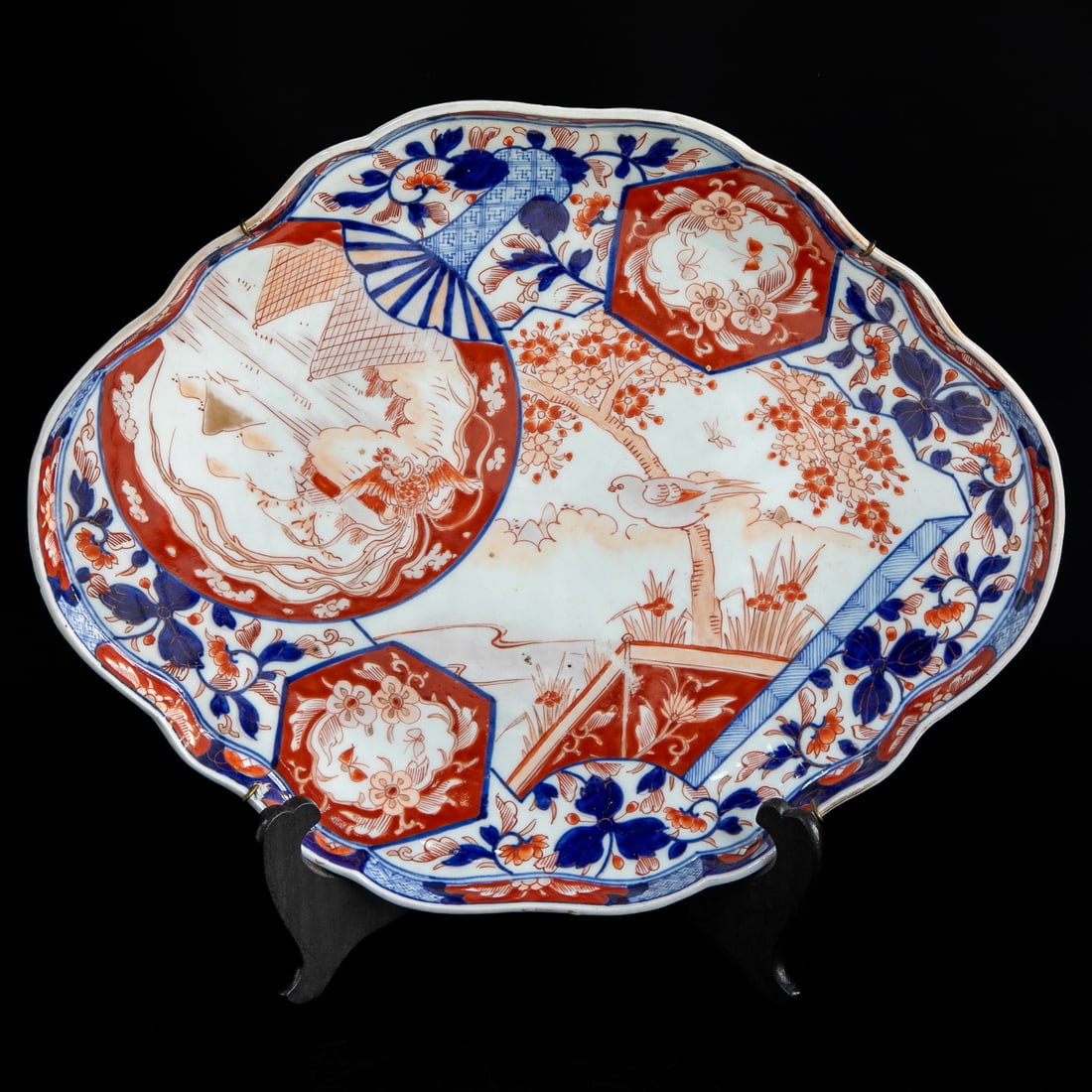 Late 19th C. Japanese Imari Shaped Tray: Late 19th C. Japanese Imari Shaped Tray, Having Bittersweet Bird and Cherry Blossom Tree, Surrounded by Alternating Panels Featuring Floral Designs, One Panel Features Bird and Landscape Scene, All