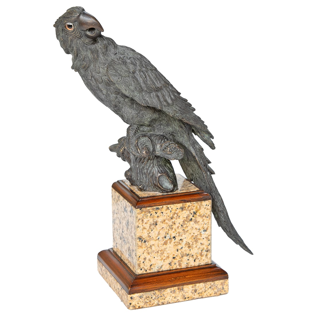 Vintage Theodore Alexander Bronze Macaw: Vintage Theodore Alexander Bronze Macaw, Discontinued, Bronze Macaw with Head Turned Sideways, Perched on Branch Form, Resting on Marble and Wood Square Plinth Style Base. 16.75" High, 7" Wide, 12"