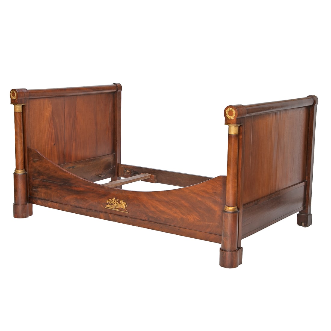 Late 19th C. French Mahogany Empire Style Day Bed: Late 19th C. French Mahogany Empire Style Day Bed, Having Roll Top, Front Features Brass Mounted Wreaths, Side Columns Featuring Brass Accents, Curved Side Rail Featuring Brass Mount of Roman with