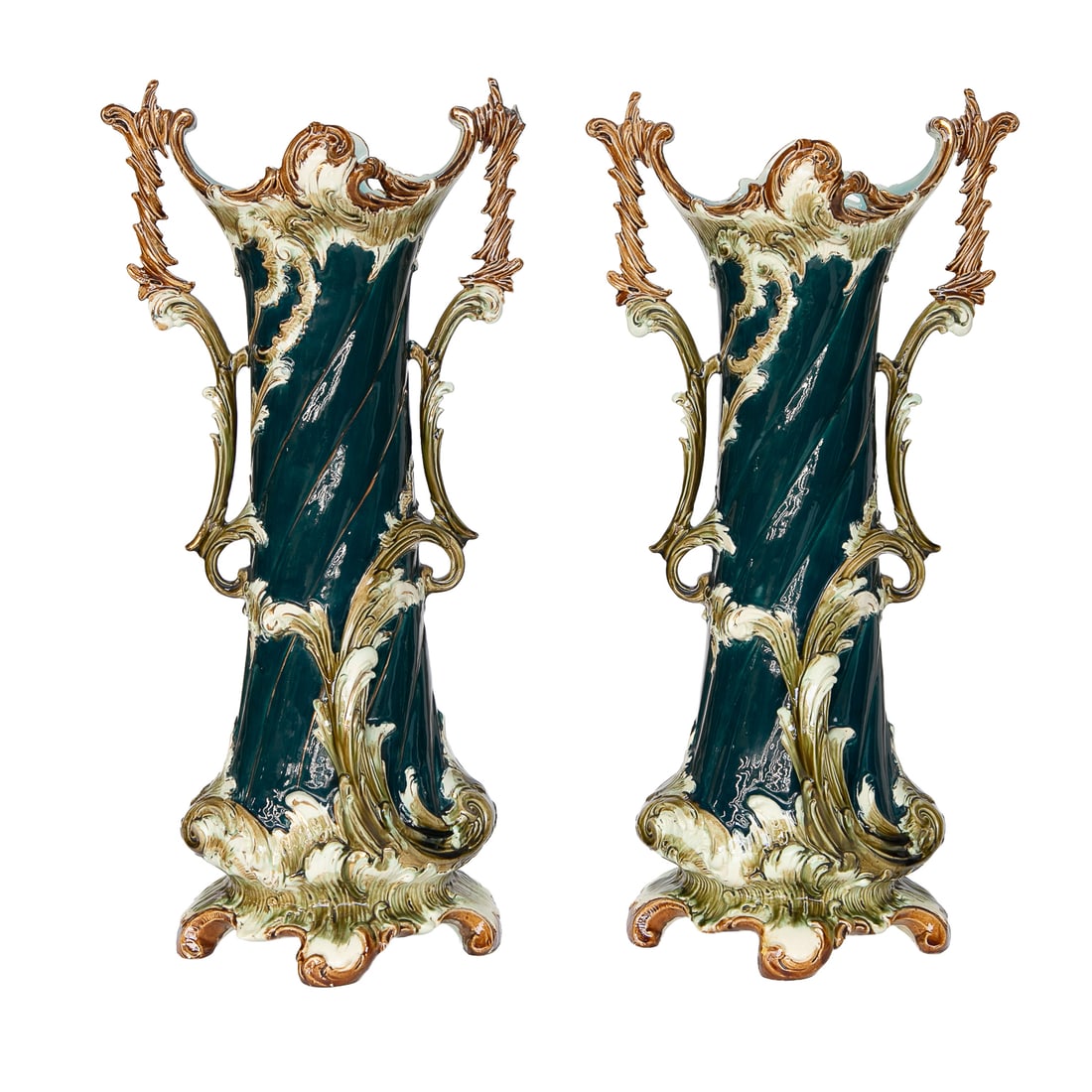 Antique French Majolica Vases, Pair: Antique French Majolica Vases, Pair, Having Turquoise Ground Featuring Twisted Design, Brown Leaf and Vine Form Tops and Handles, Olive Green Leaf Form Details Along Sides and Bottom, Resting on Shape