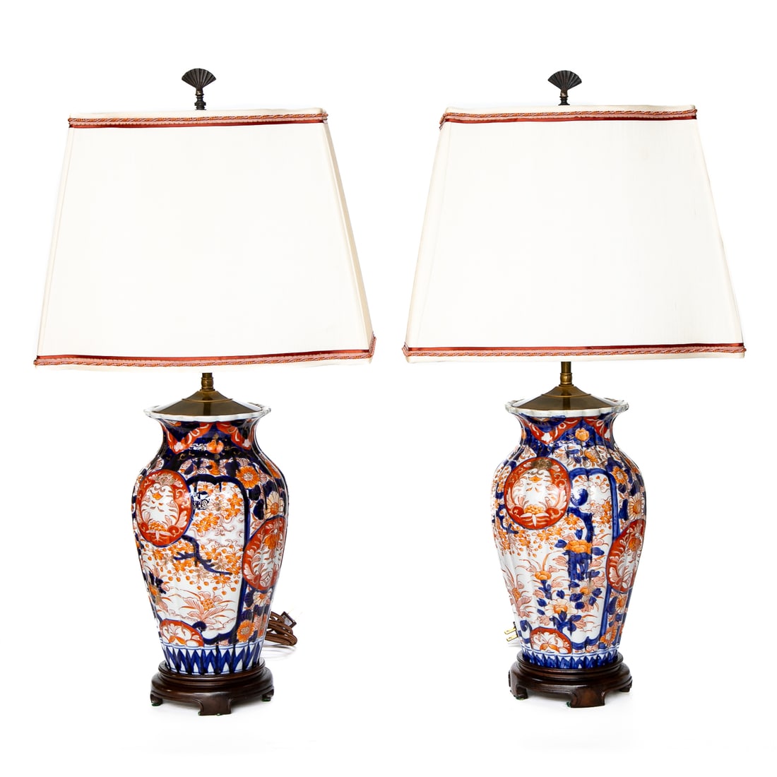 Late 19th C. Japanese Imari Porcelain Urns Converted Into Table Lamps, Pair: Late 19th C. Japanese Imari Porcelain Urns Converted Into Table Lamps, Pair, Having Reeded Form Featuring Circular Panels Depicting Floral Designs in Bittersweet, Surrounded by Cobalt Blue, Gold and