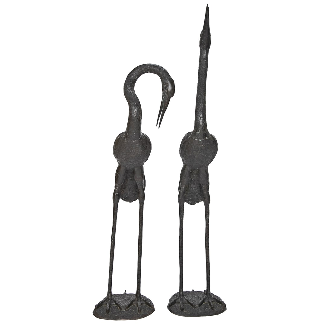 Bronze Crane Figures/Fountains, Companion Pair: Bronze Crane Figures/Fountains, Companion Pair, Having Opening in Beaks and Fitted as Fountain, Detailed Feathers, One Having Outstretched Neck, One Having Curved Neck, Standing on Ground Form Base.