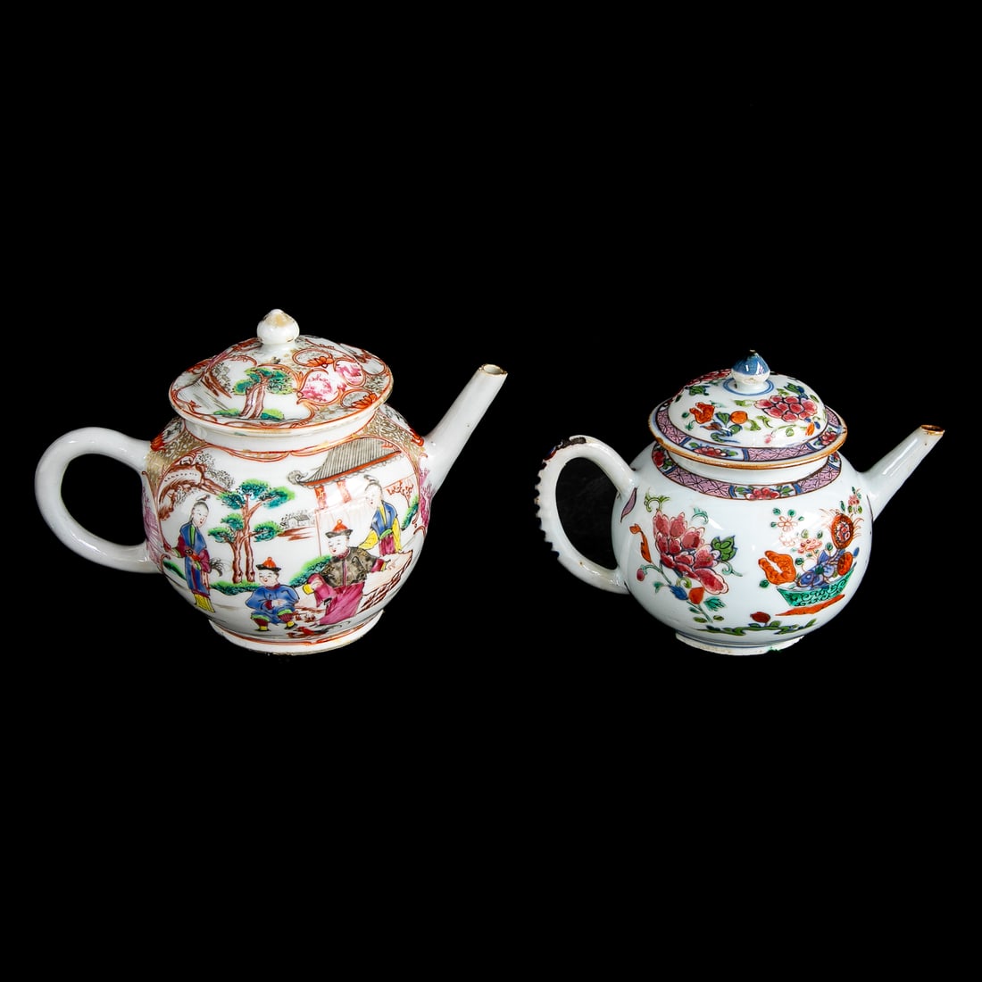 Late 18th/Early 19th C. Chinese Porcelain Globular Tea Pots, Two Total: Late 18th/Early 19th C. Chinese Porcelain Globular Tea Pots, Two Total, Includes One Tea Pot Having Multi Color Floral Designs, 4.5" High, 6.5" Wide, 4" Deep; Along with One Tea Pot Featuring Figural