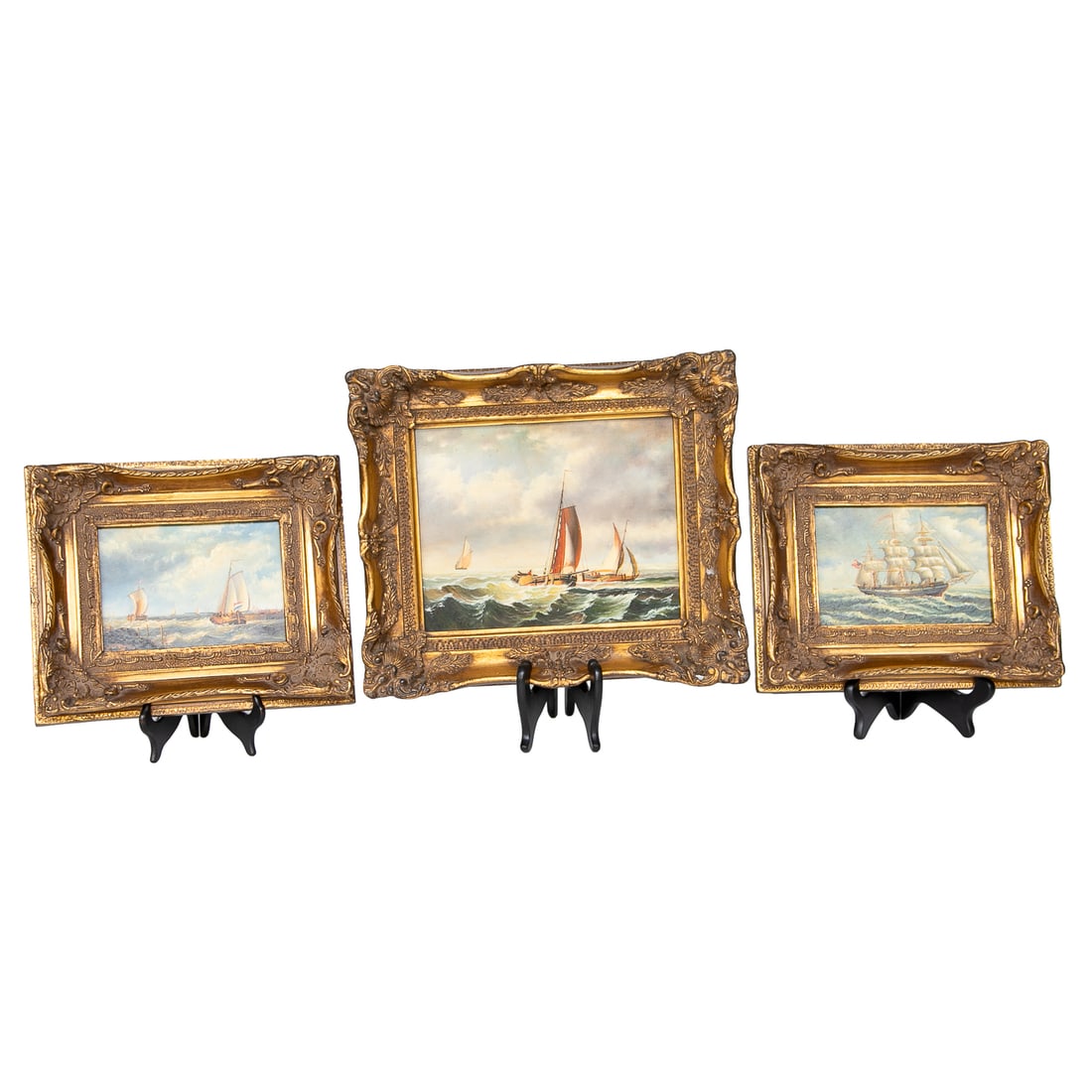 Ships Scenes, Oil on Artist Board, Three Total: Ships Scenes, Oil on Artist Board, Three Total, Includes One Depicting Three Merchant Sailboats on Rough Seas, Pair Includes One Depicting One Single Battleship Sailboat, One Depicting Two Merchant