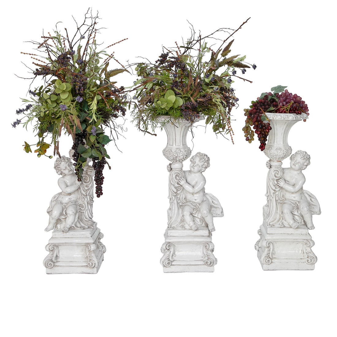 Vintage Italian White Glazed Terra Cotta Putti Planters, Three Total: Vintage Italian White Glazed Terra Cotta Putti Planters, Three Total, Having Seated Robed Putti, Holding Octagonal Shaped Urn, Sitting on Square Plinth Style Base Featuring Acanthus Leaf Scrolls on