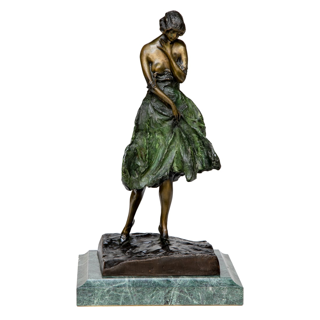 Louis Icart (Paris, France, 1888-1950) Art Deco Bronze Sculpture of l'Occident: Louis Icart (Paris, France, 1888-1950) Art Deco Bronze Sculpture of l'Occident, Re Cast of Original, Depicting Young Semi Nude Female Looking Down, Dress Cascading, Resting on Ground Form Base,