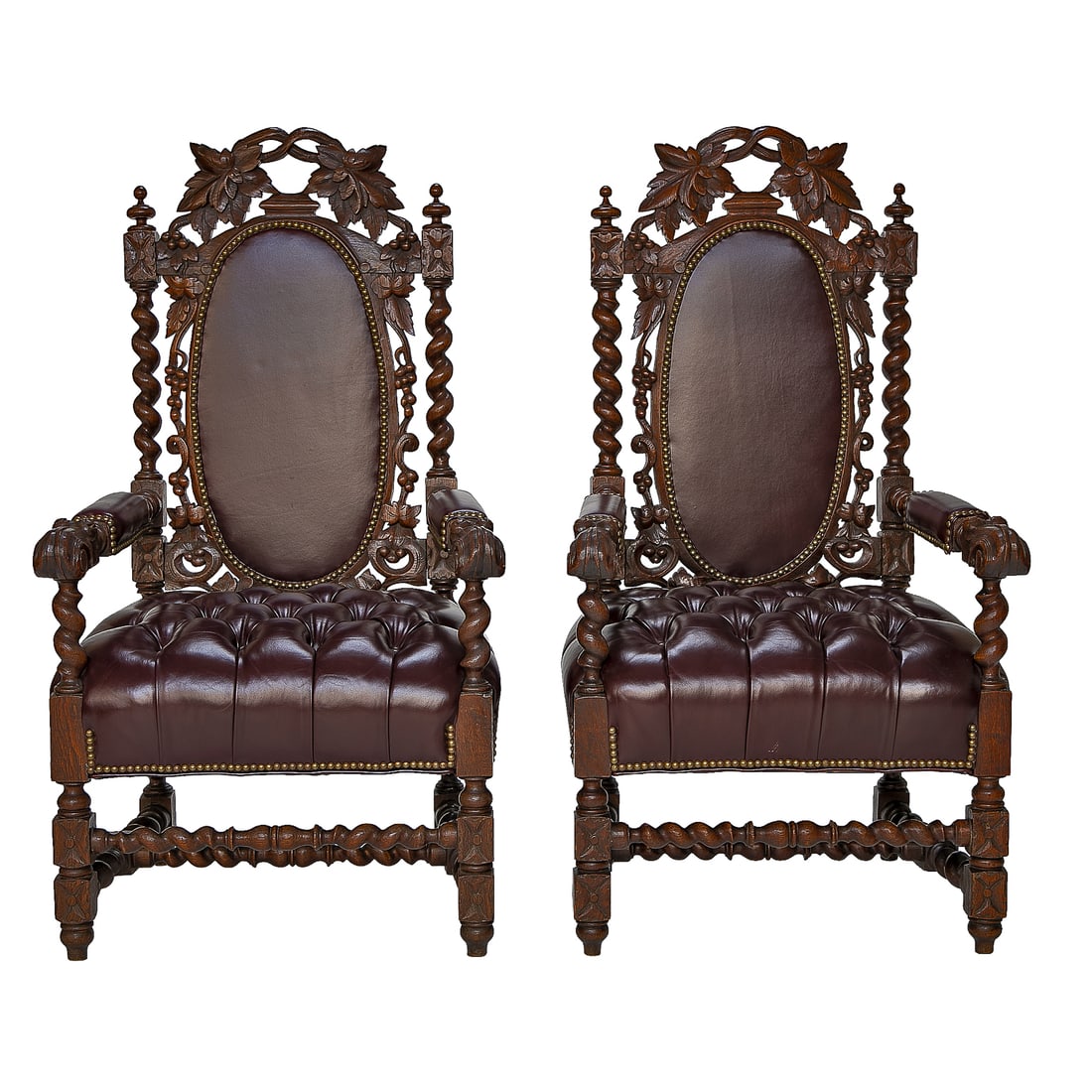 Late 19th C. English Oak Renaissance Revival Gothic Style Carved Arm Chairs, Pair: Late 19th C. English Oak Renaissance Revival Gothic Style Carved Arm Chairs, Pair, Having Pierced Vine and Leaf Carved Top Rail, Finials at Each End, Barley Twist Sides, Back Surrounded by Carved