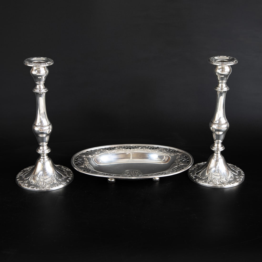 Sterling Silver Table Top Items, Three Total Pieces: Sterling Silver Table Top Items, Three Total Pieces, Includes Gorham Sterling Silver Candlesticks, Pair, in Chantilly Pattern, Features Leaf and Scroll Design Top, Columnar Turned Body, Resting on