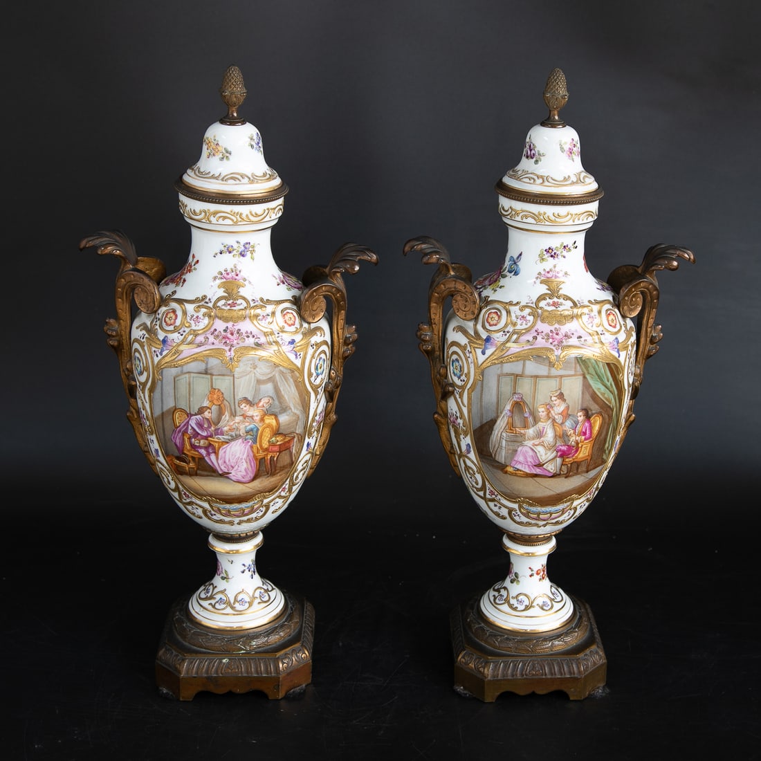 Antique German Porcelain Meissen Style Cornucopia Shape Vases, Pair: Antique German Porcelain Meissen Style Cornucopia Shape Vases, Pair, Having Having White Ground, Top Has Scalloped Edges Featuring Gold Painted Leaves, Pale Green Body Featuring Multi Color Floral