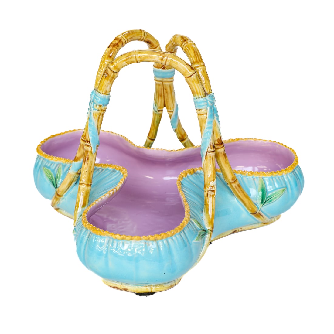 Late 19th/Early 20th C. George Jones Majolica Rose Basket: Late 19th/Early 20th C. George Jones Majolica Rose Basket, Featuring Turquoise Trefoil Shaped Body, Lavender Interior, Double Bamboo Form Handles Featuring Bows, Base Having Leaf Decorations, Marked