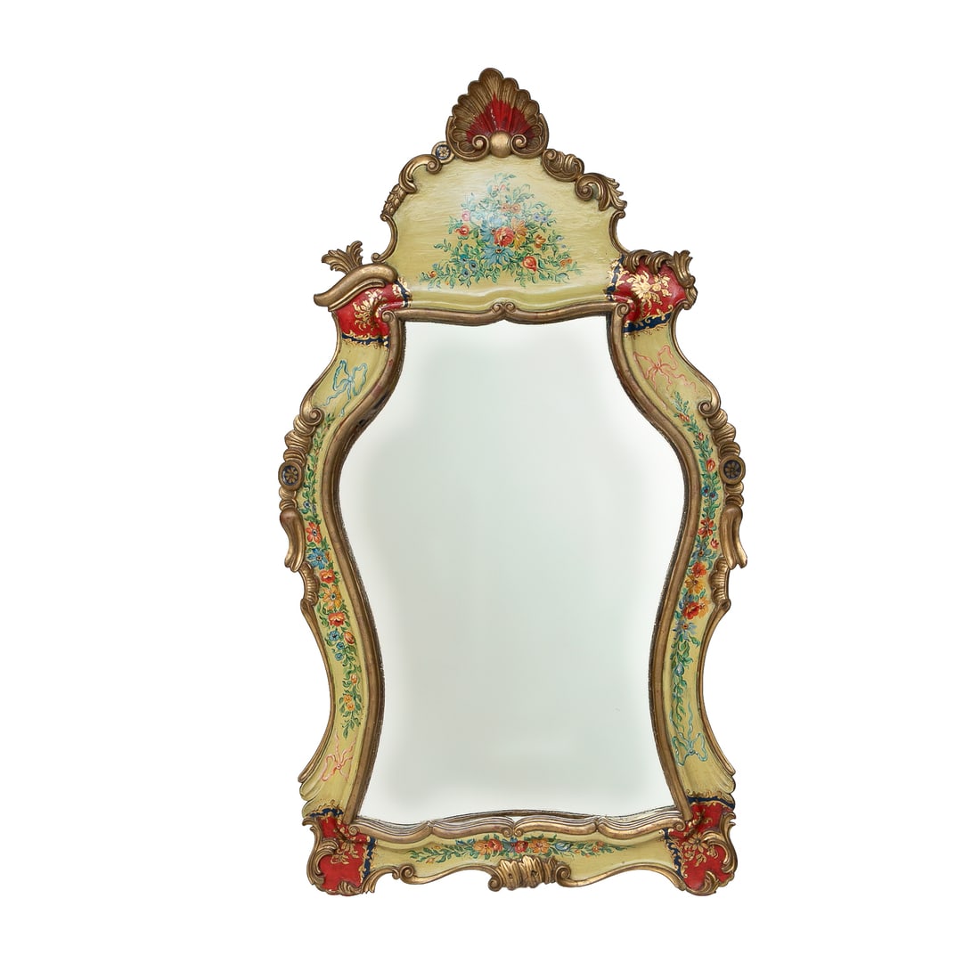 Vintage Venetian Style Painted Wall Mirror: Vintage Venetian Style Painted and Gilt Wall Mirror, Having Shaped Top Featuring Shell Form Center, Scroll Carved Edges, Carved Bottom, Featuring Red and Yellow Alternating Panels Featuring Multi