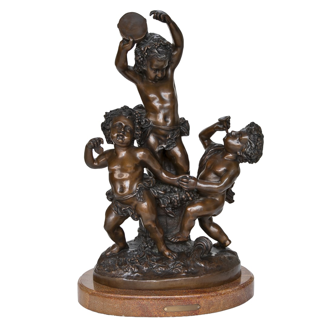Vintage L. Lille Triple Putti Bronze Sculpture: Vintage L. Lille Triple Putti Bronze Sculpture, Having Center Putti Playing Tambourine, Right Putti Blowing Horn, Left Putti Dancing, Signed Lower Right, Resting on Marble Base, Brass Artist Plaque. 2