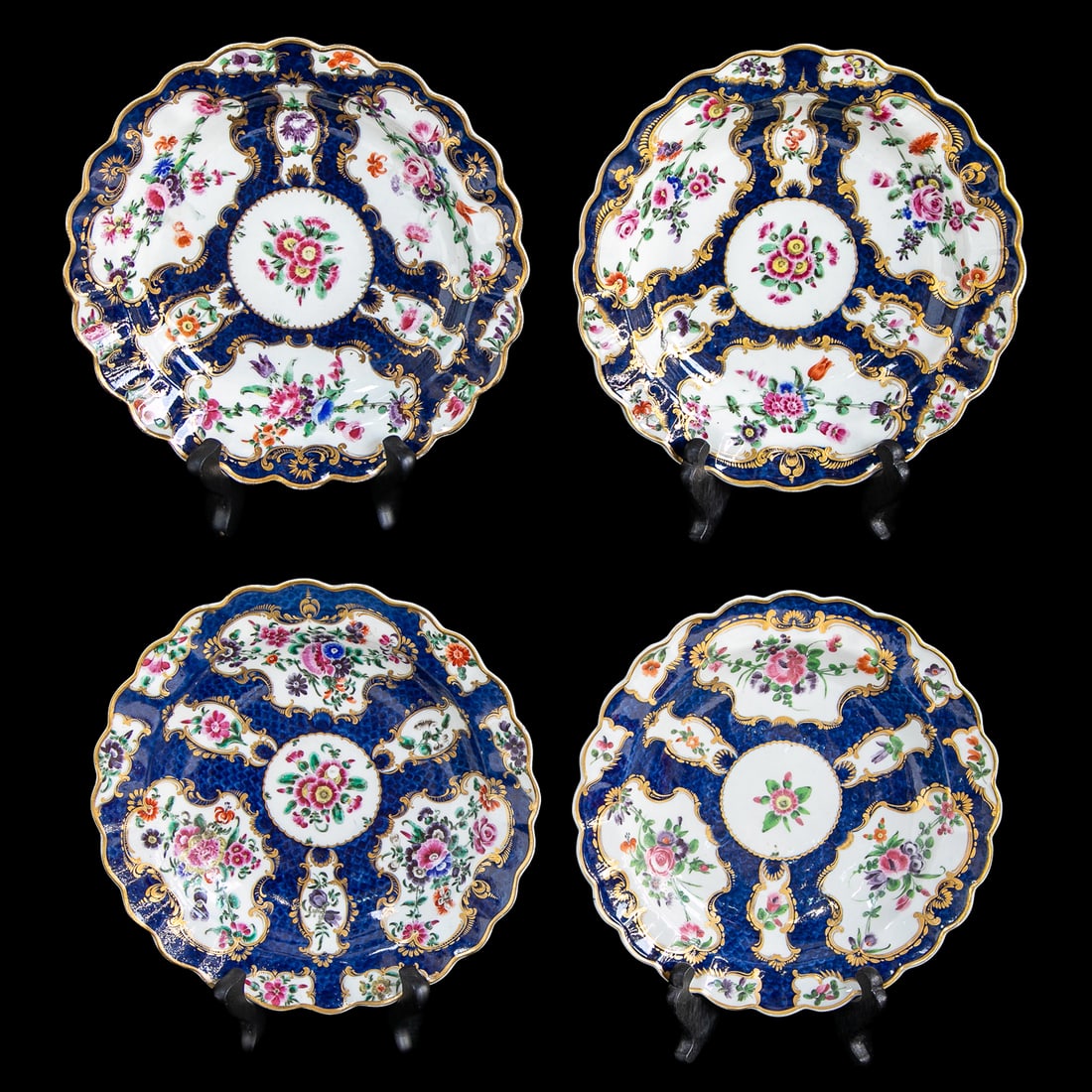 Late 18th/Early 19th C. Worcester English Porcelain Plates, Four Total: Late 18th/Early 19th C. Worcester English Porcelain Plates, Four Total, Having Blue Fish Scale Pattern, Scalloped Edges, Centers Having White Ground Featuring Multi Color Floral Designs, Sides Feature