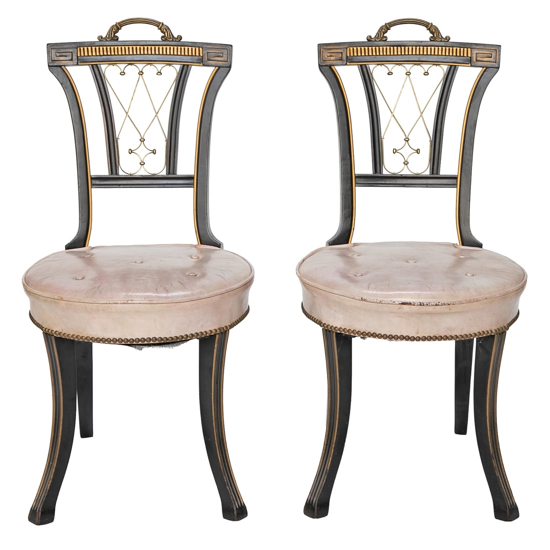 Early 20th C. Regency Style Slipper Chairs, Pair: Early 20th C. Regency Style Slipper Chairs, Pair, Having Ebony Finish, Brass Fluted Handle Featuring Acanthus Leaf Details, Fluted Gold Leaf Accents on Top Rail, Pierced Carved and Brass Splat, Restin