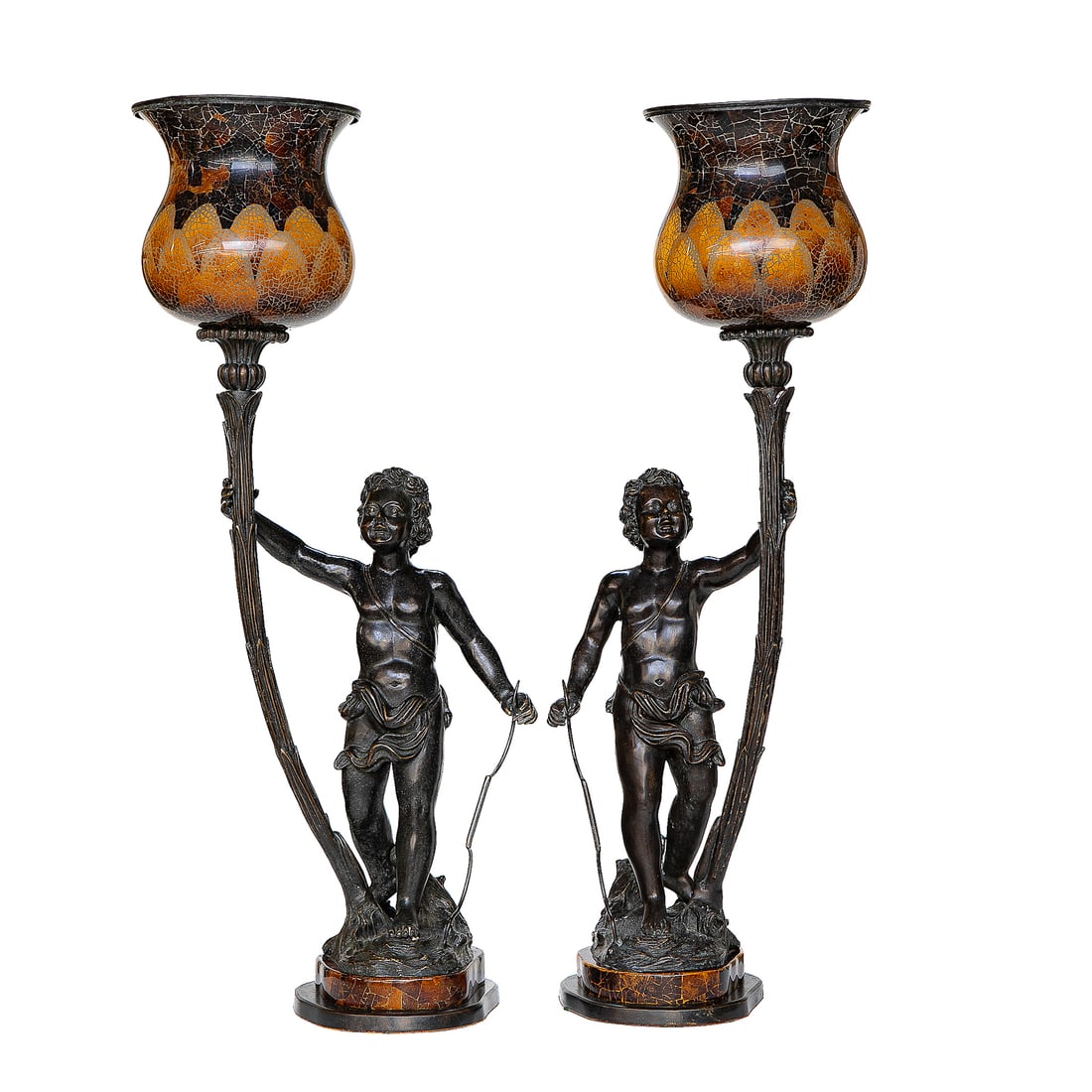 Vintage Maitland-Smith Bronze and Pen Shell Table Lamps, Pair: Vintage Maitland-Smith Bronze and Pen Shell Table Lamps, Pair, Discontinued, Having Multi Color Tulip Form Pen Shell Bowls, Bronze Putti Holding Staff in One Hand and Fluted Vine Form in Other Hand as