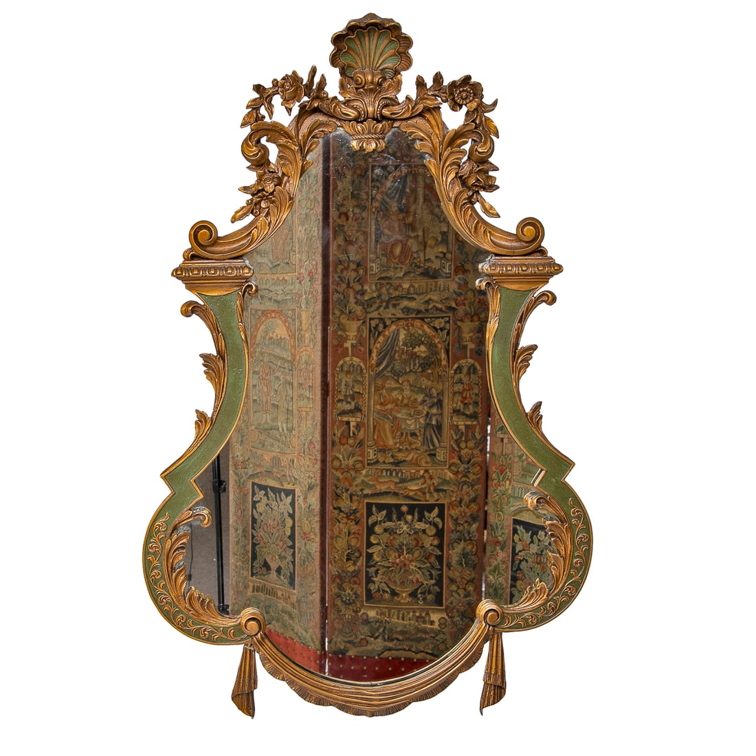 Vintage Rococo Style Shaped Gold Leaf and Painted Wall Mirror: Vintage Rococo Style Shaped Gold Leaf and Painted Wall Mirror, Having Center Carved Shell at Top, Flanked by Carved Floral and Leaf Design Scrolls, Sides Having Painted Green Accents with Gold Leaf an