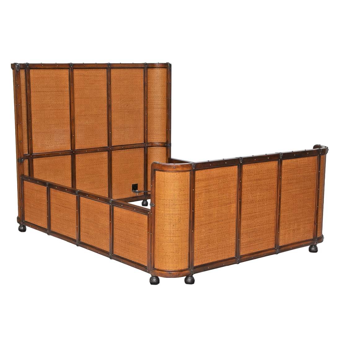 Rattan and Mahogany Bound British Colonial Campaign Style Queen Size Bed: Rattan and Mahogany Bound British Colonial Campaign Style Queen Size Bed, Having Rattan Panels Surrounded by Mahogany Banding and Featuring Distressed Brass Nail Heads, Side Rails Having Four Square P
