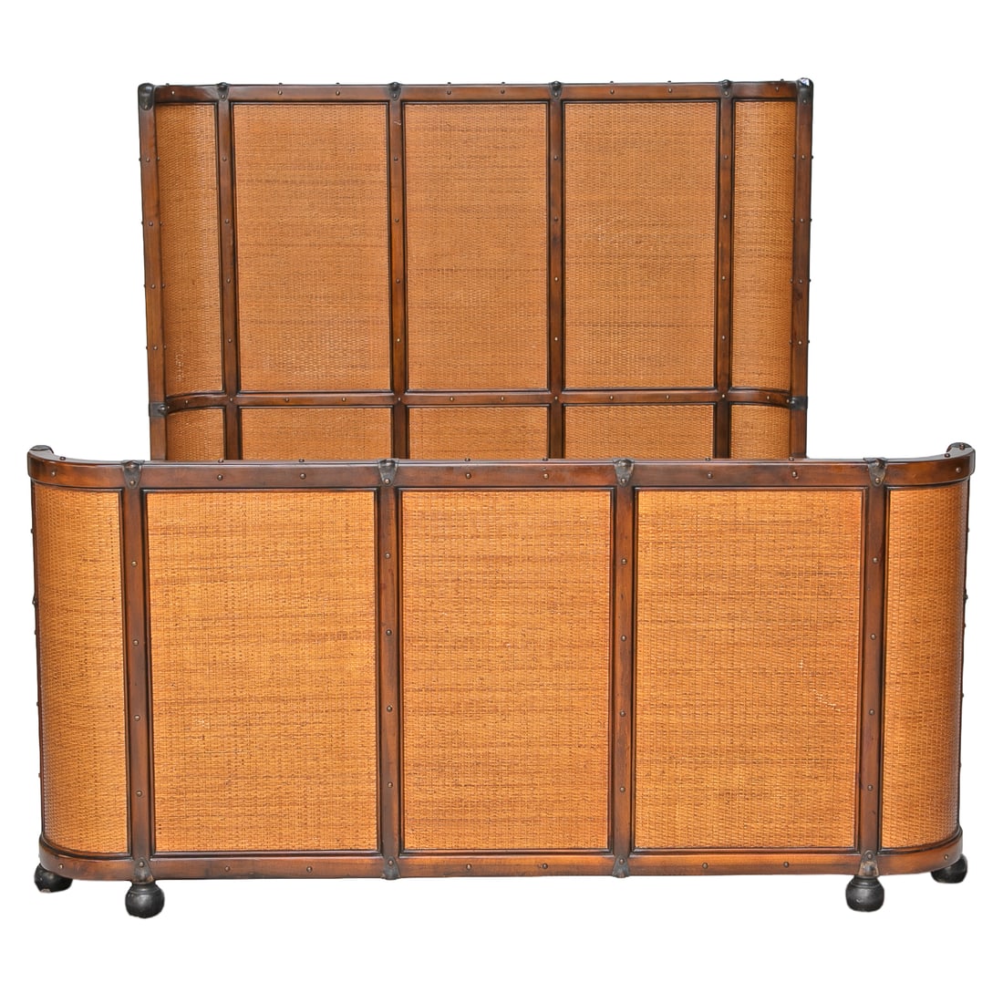 Rattan and Mahogany Bound British Colonial Campaign Style Queen Size Bed - 2