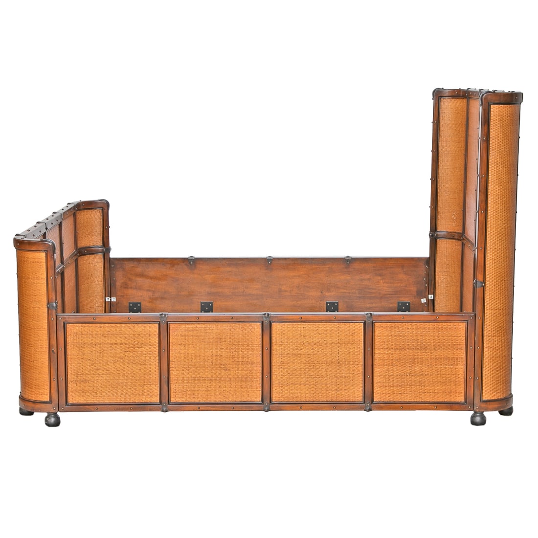 Rattan and Mahogany Bound British Colonial Campaign Style Queen Size Bed - 4