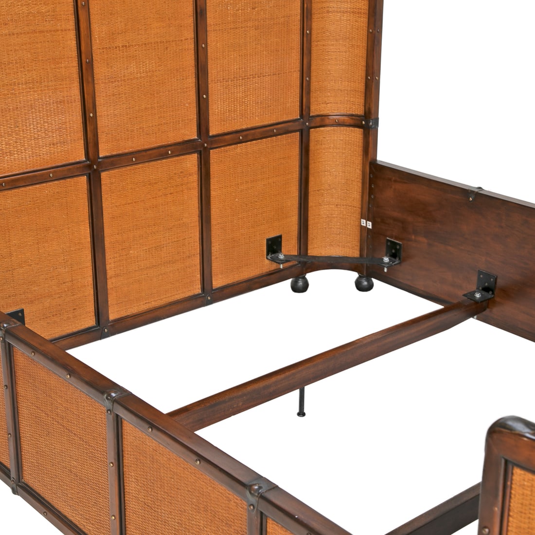 Rattan and Mahogany Bound British Colonial Campaign Style Queen Size Bed - 7