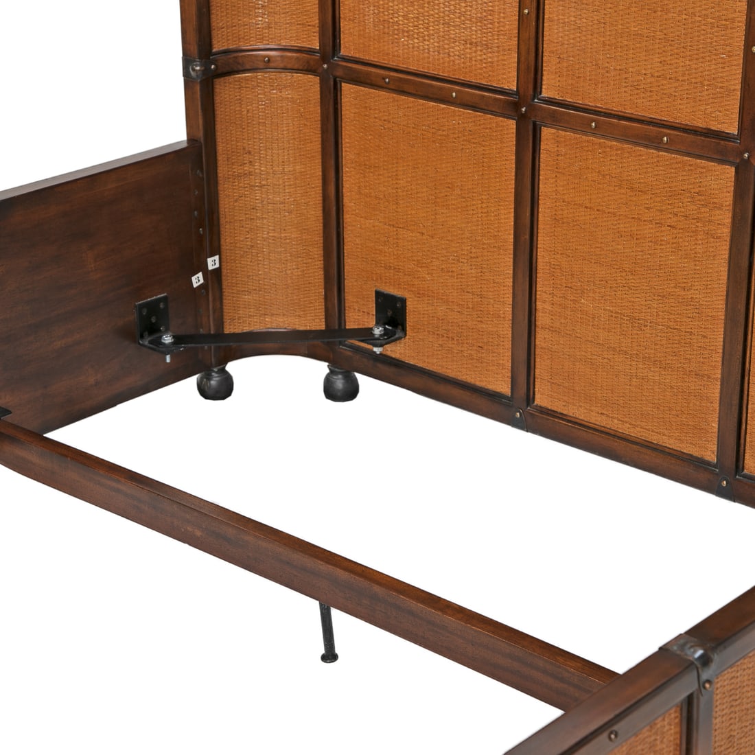 Rattan and Mahogany Bound British Colonial Campaign Style Queen Size Bed - 9