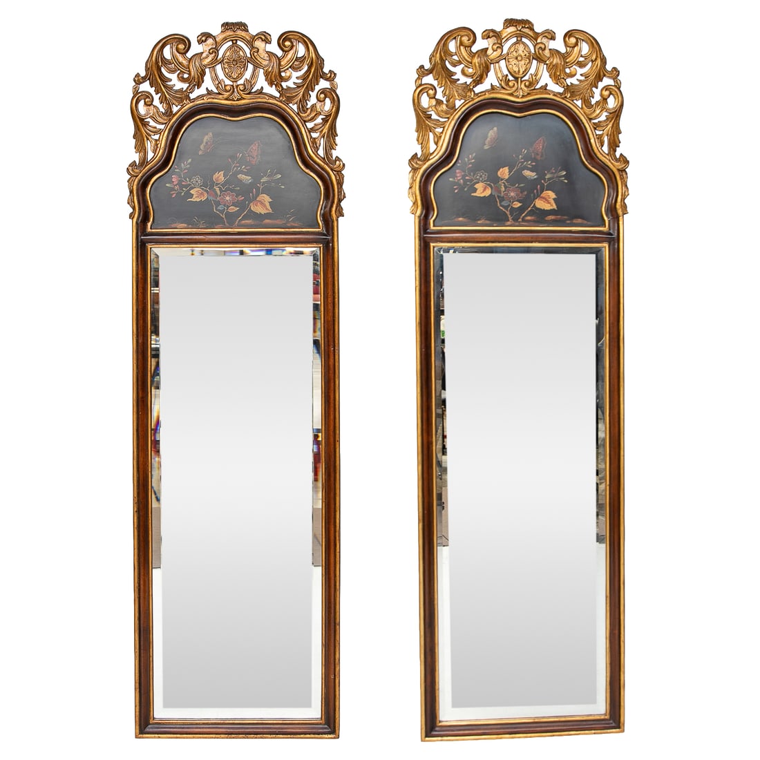 Vintage Rococo Style Wood, Gilt and Painted Trumeau Wall Mirrors, Pair (1 of 11)