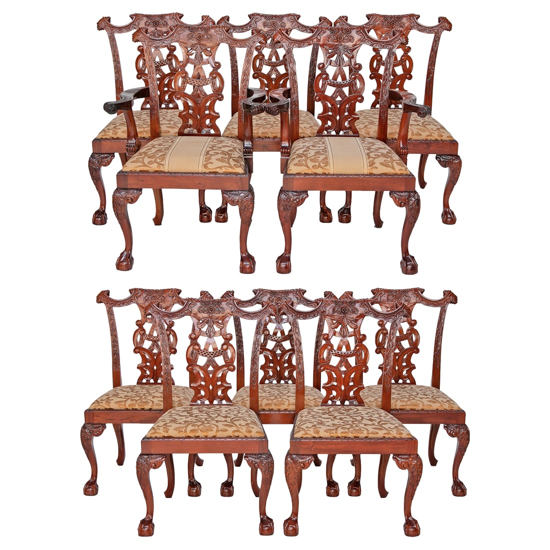 Set of Mahogany Chippendale Style Dining Chairs, Ten Total Chairs: Set of Mahogany Chippendale Style Dining Chairs, Ten Total Chairs, Includes Eight Sides and Two Arms, Roll Carved Shaped Top Rail, Pierced and Carved Splats, Leaf Carved Side Supports, Carved Seat Edg