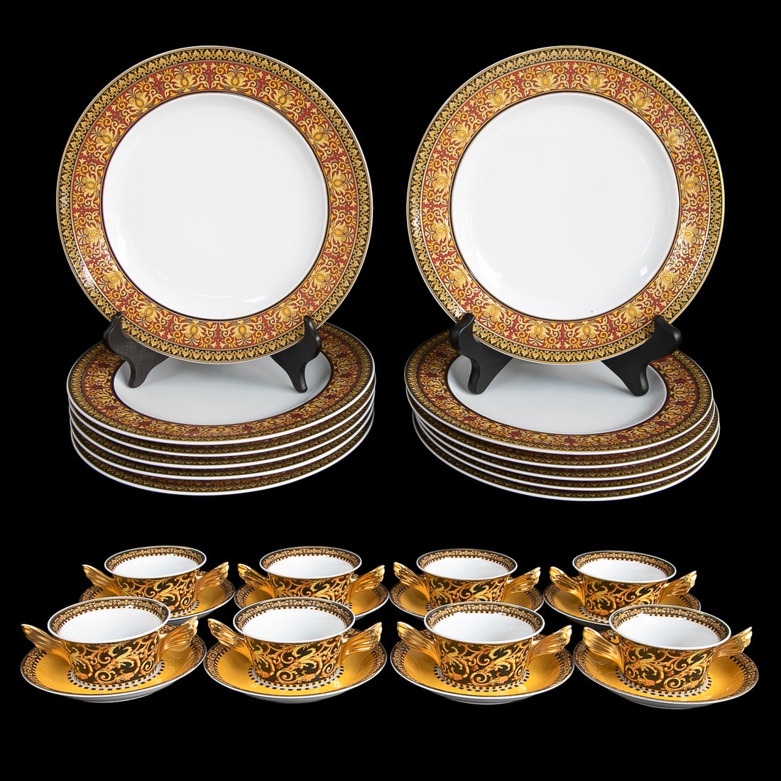 Group of Rosenthal Versace China, Twenty Eight Total Pieces: Group of Rosenthal Versace China, Twenty Eight Total Pieces, Includes Twelve Salad Plates in Red Medusa Pattern, Marked on Bottoms, 1" High, 8.75" Diameter; Along with Eight Flat Cream Soup Bowls and