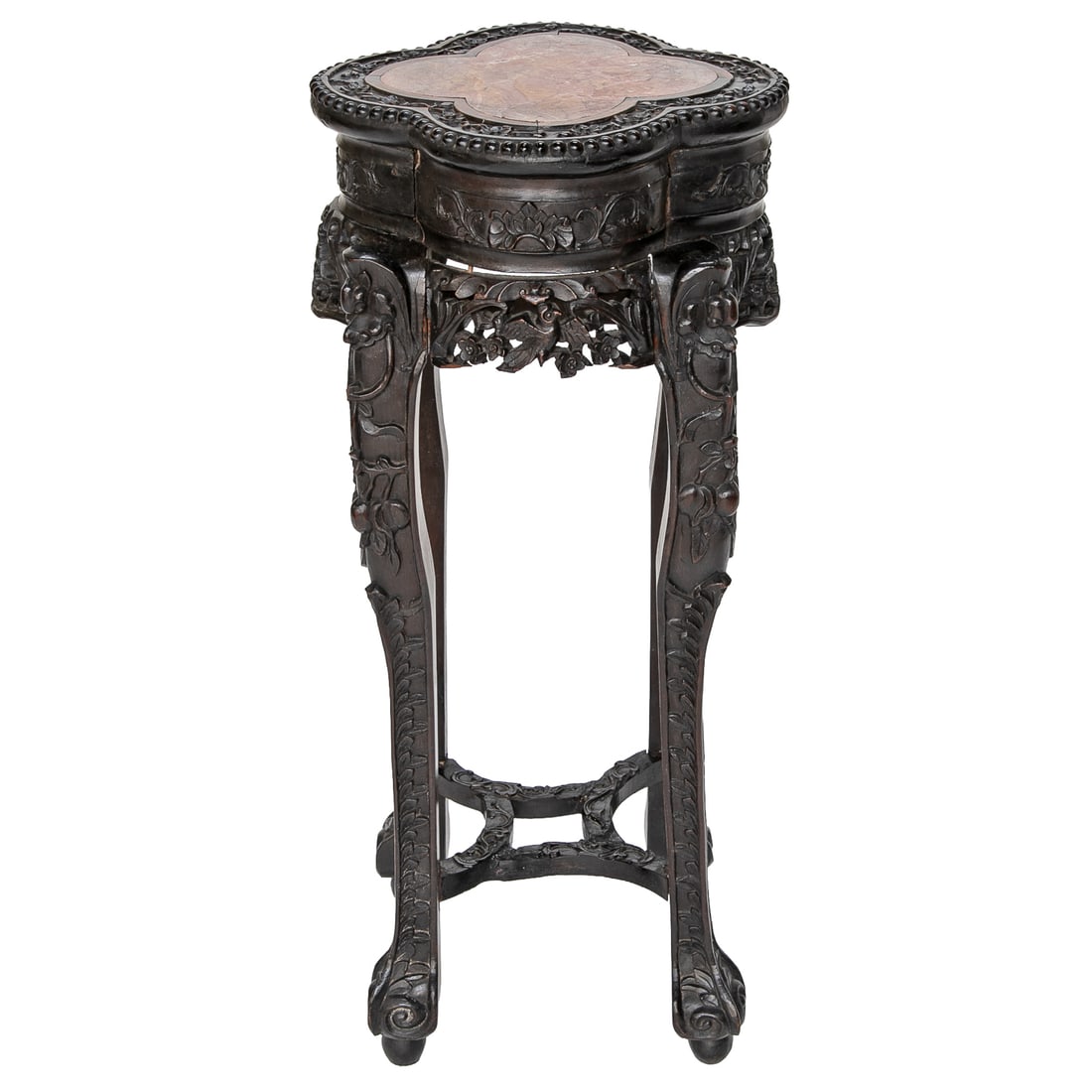 Late 19th C. Chinese Carved Teak Wood Stand: Late 19th C. Chinese Carved Teak Wood Stand, Having Quatre Foil Shape Rose Marble Inset Top Surrounded by Carved Floral Border, Bead Carved Edge, Floral Carved Sides, Carved and Pierced Cherry
