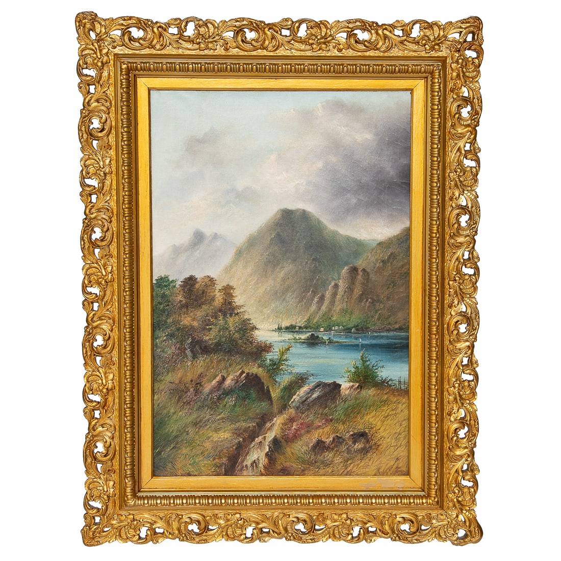 Late 19th C. Scottish Landscape Scene, Oil on Canvas: Late 19th C. Scottish Landscape Scene, Oil on Canvas, Depicting Loch Lomond, Mountains with Water at Bottom, Signed Lower Right R. Tucker, 1895, Housed in Gold Leaf Frame Featuring Pierced Floral and