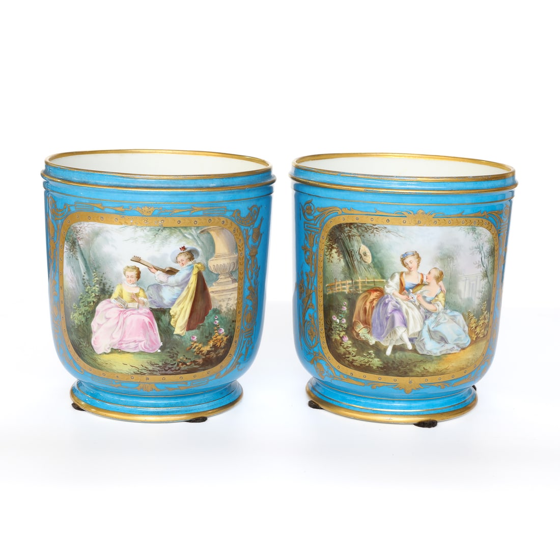 19th C. Celeste Blue Sevres Style Cachepots, Pair: 19th C. Celeste Blue Sevres Style Cachepots, Pair, Having Celeste Blue Ground, Hand Painted Panels on Each Side, One Side Having Floral Decorations Surrounded by Gold Leaves, The Other Side Having Fre