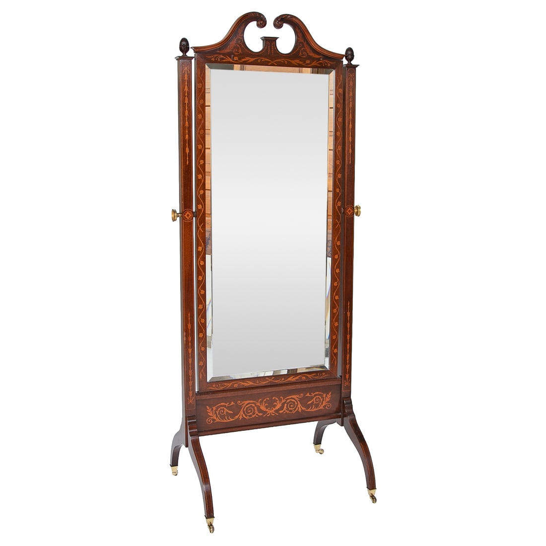 Bench Made English Reproduction Mahogany and Satinwood Inlaid Cheval Mirror (1 of 9)
