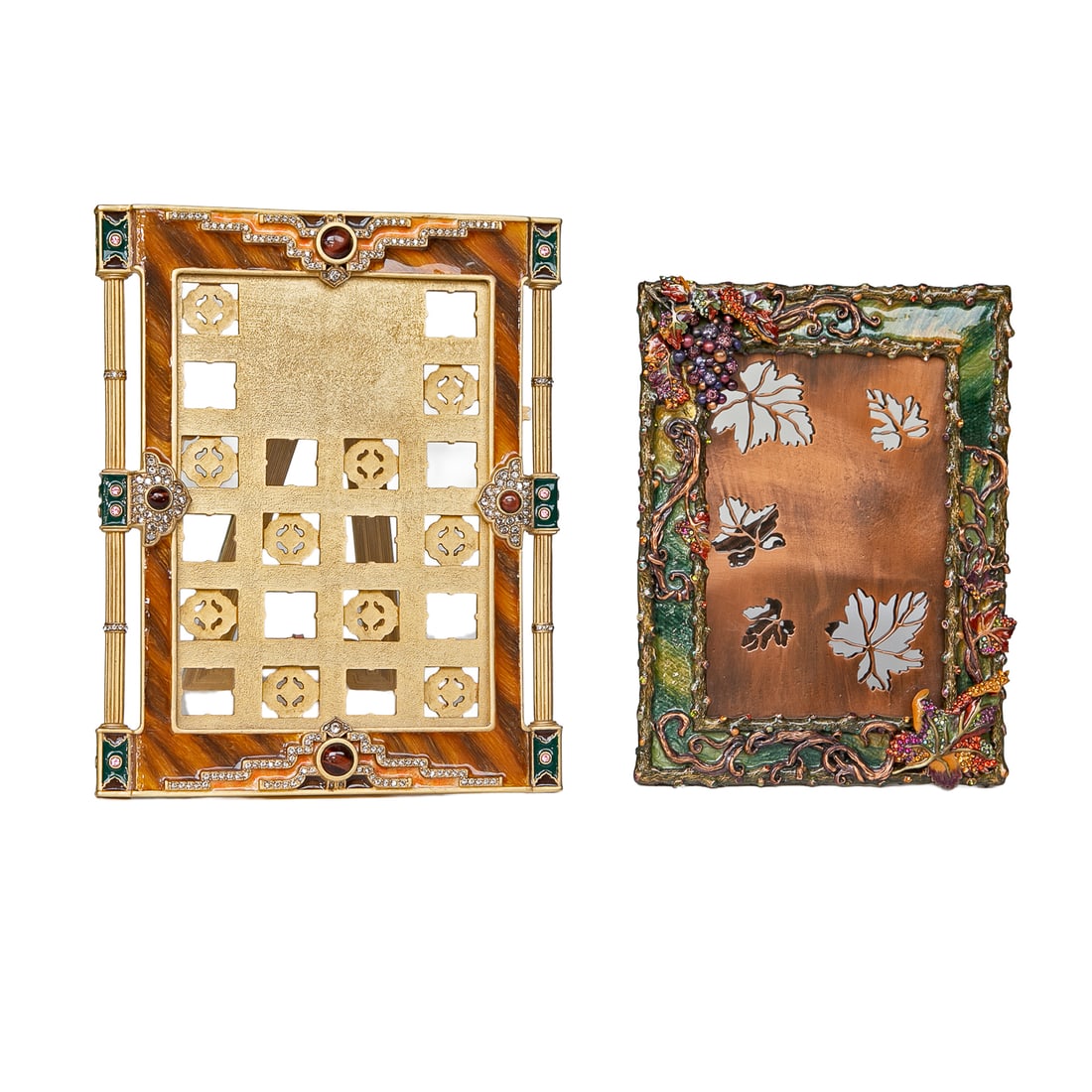 Vintage Jay Strongwater Jeweled Frames, Two Total: Vintage Jay Strongwater Jeweled Frames, Two Total, Includes One Having Green Ground, Surrounded by Jeweled Vine, Jeweled Leaf at Bottom and Jeweled Grape Cluster at Top, Holds 4 X 6 Photo, 8" High, 5.