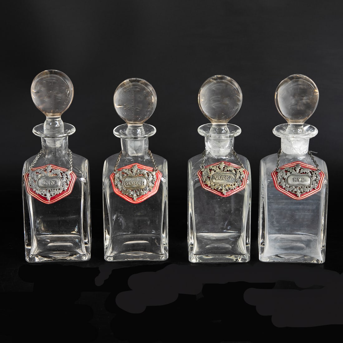 Glass Decanters with Hoffritz English Silver Plated and Leather Labels, Four Total (1 of 8)