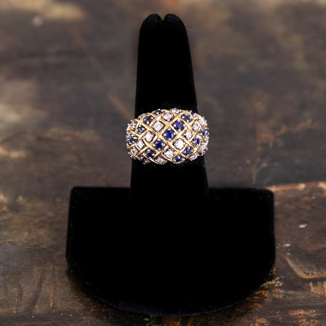 Tiffany & Co. 18K Yellow Gold Natural Diamond and Blue Sapphire Ring, Size 7: Tiffany & Co. 18K Yellow Gold Natural Diamond and Blue Sapphire Ring, Size 7, Consisting of Twenty (20) Round Brilliant-Cut Diamonds Weighing .55 Carats and Nineteen (19) Round Blue Sapphires