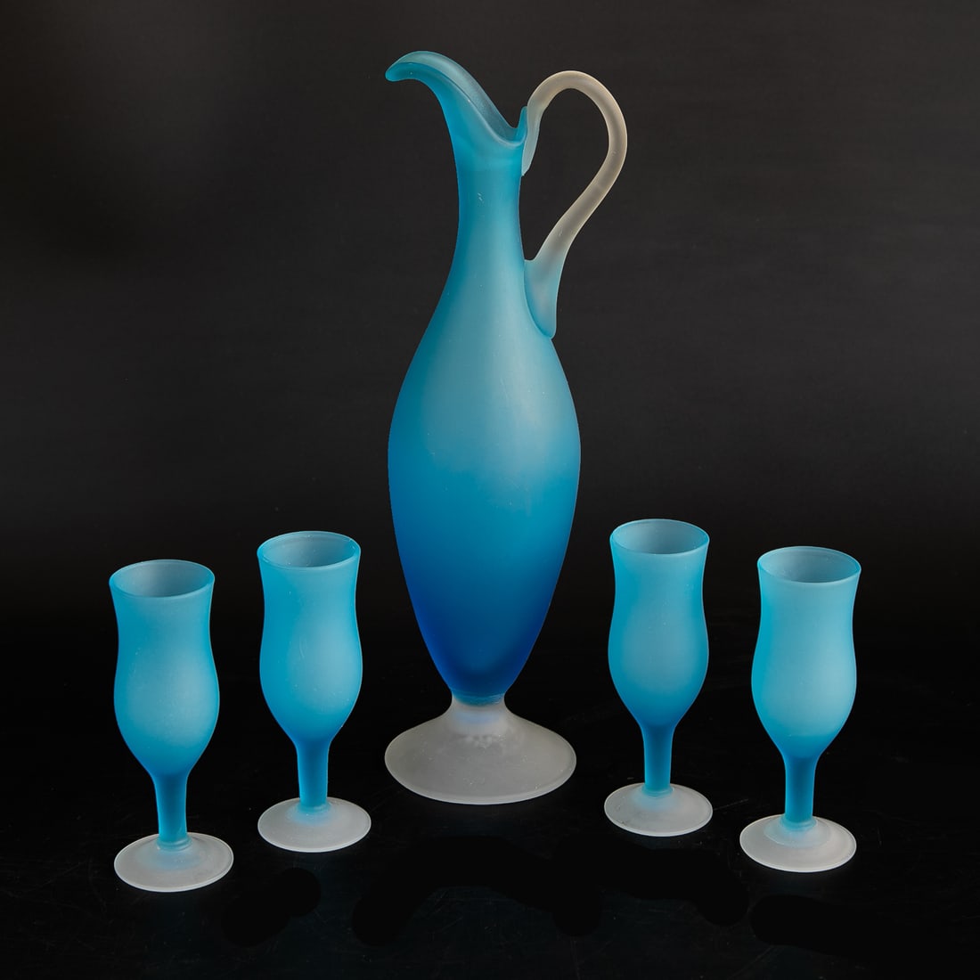 Vintage Italian Si An Cristallerie Hand Made Blue Frosted Bar Ware, Five Pieces Total: Vintage Italian Si An Cristallerie Hand Made Blue Frosted Bar Ware, Five Pieces Total, Includes One Sky Blue Frosted Decanter and Four Sky Blue Frosted Cordial Glasses, All Having Clear Frosted
