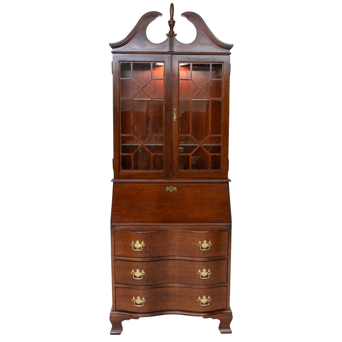Vintage Jasper Cabinet Bureau Bookcase/Secretary: Vintage Jasper Cabinet Bureau Bookcase/Secretary, Having Broken Arch Pediment Featuring Center Finial, Glass Panel Cabinet Doors, Interior Features Two Adjustable Glass Shelves, Interior Lighting,