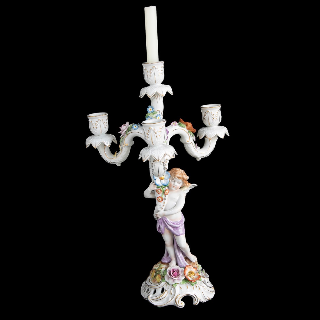 Early 20th C. Porcelain Four Branch Candelabra: Early 20th C. Porcelain Four Branch Candelabra, Featuring Putti Center Support, Holding Cornucopia Leading to Four Branches, One Center Branch Surrounded by Three Additional Branches, All Having