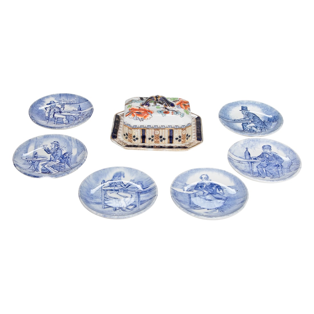 Porcelain Table Top Items, Seven Total Pieces: Porcelain Table Top Items, Seven Total Pieces, Includes One Keeling and Company, Ltd. English Porcelain Butter Dish, Having Cobalt Blue Handle, Multi Color Floral and Bird Design on Top, White and