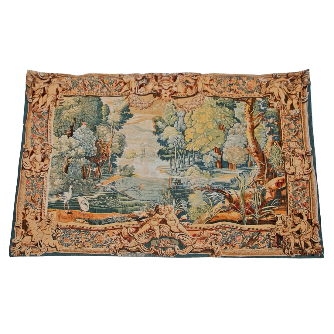 Vintage French Style Reproduction Hanging Wall Tapestry: Vintage French Style Reproduction Hanging Wall Tapestry, Depicting Landscape Scene of Foliage, Trees, Stream and Two Birds, Border Features Putti, Floral, Leaf and Scroll Designs. 57.5" High, 74" Wide