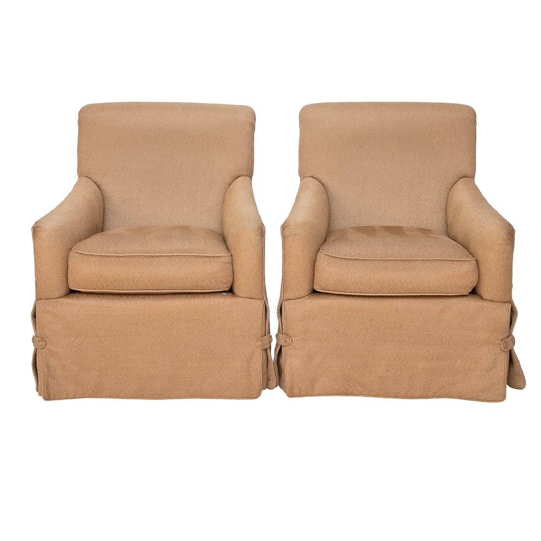 Vintage Erwin-Lambeth for Tomlinson Furniture Company Upholstered Swivel Occasional Chairs, Pair: Vintage Erwin-Lambeth for Tomlinson Furniture Company Upholstered Swivel Occasional Chairs, Pair, Having Roll Over Back, Skirted Bottom Attached by Bottom Tabs, One Loose Seat Cushion, One Loose